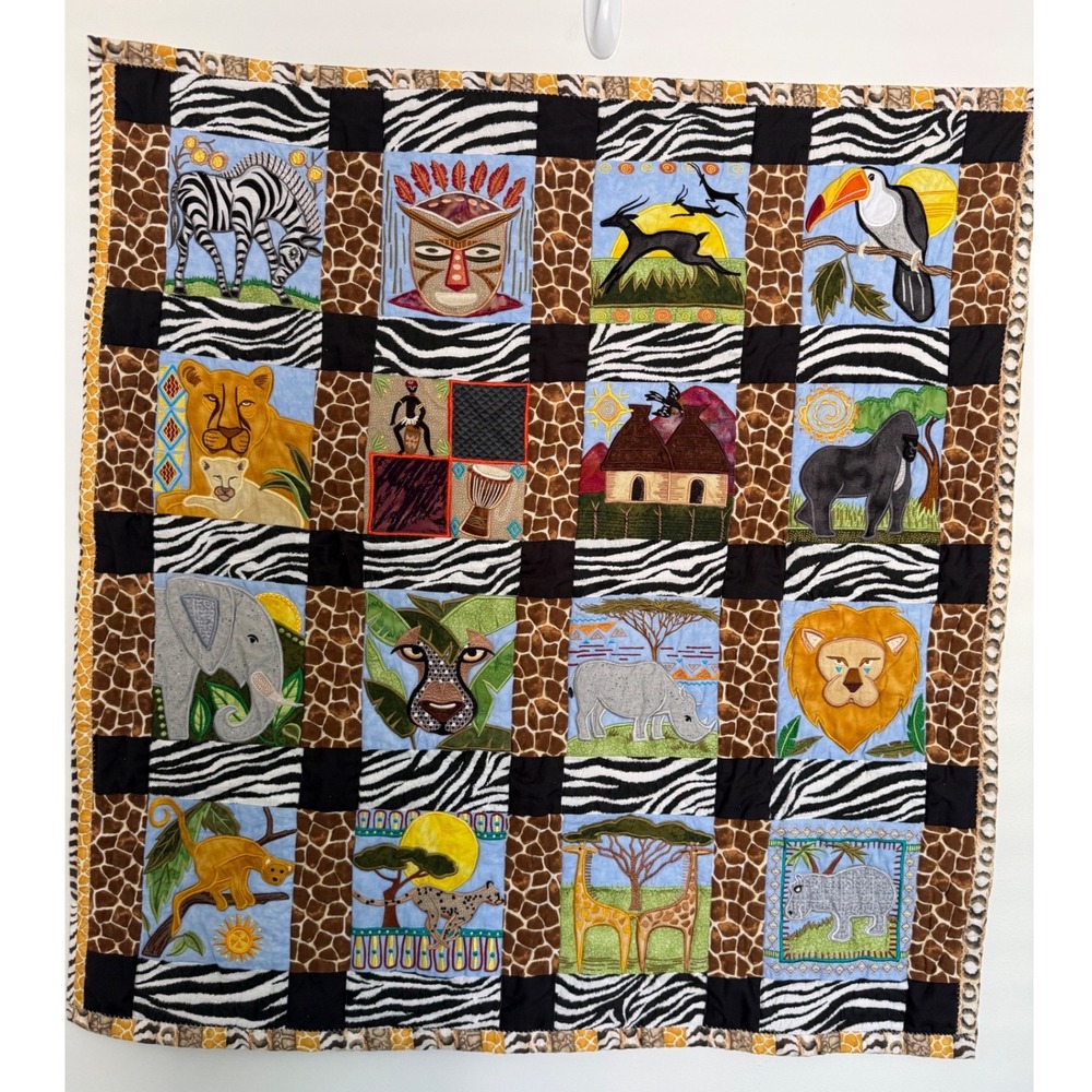 Handmade Safari Quilt/Wall Decor 36.5" x 38" Machine Embroidered Artist Signed